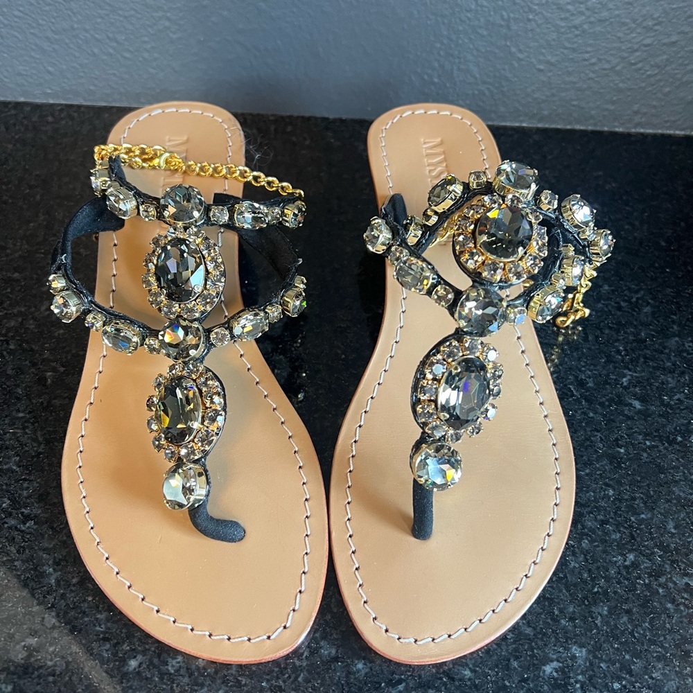 New Mystique Boutique Black and Gold Sandals with Crystal Embellishments